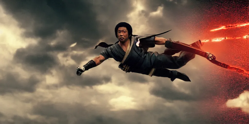 Prompt: a film still of a light skinned black man starring as an ancient samurai flying doing a flying kick, japanese blockbuster film, the sky is red, shallow depth of field, cinematic, award winning cgi, vfx, film still