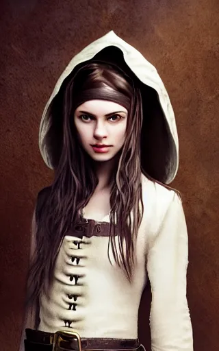 Image similar to a beautiful woman, high cheek bones, half smile, mischievous, bard, brown hair, messy hairstyle, short hair, cream colored peasant shirt, brown pants, leather boots, dark green cloak, round hood, elf ears, youthful, white background, proportionate, by Tony Sart, trending on artstation, realistic, highly detailed, masterpiece