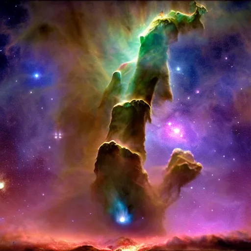 Prompt: the pillars of creation of world, cinematic composition, volumetric lighting, cosmic scale, highly detailed