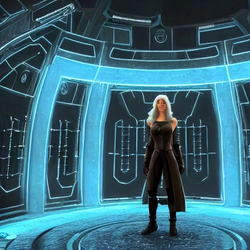 Prompt: still of Ciri in front of the stargate in SG1, activated stargate, chappa'ai, blue stargate, portal