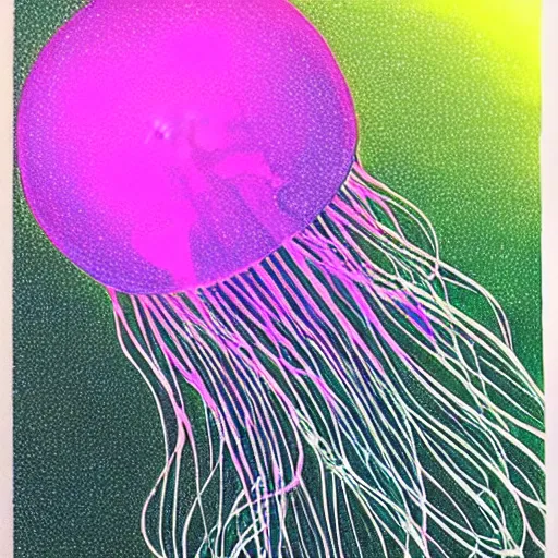 Image similar to cell shading jellyfish on black paper, vivid colours, by moebius, hiroshi yoshida, druillet