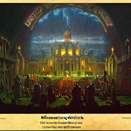 Prompt: Miltonian disasterpiece cult rain mesmerizing inner sanctum of the most venerable and beautiful truth, in the style of Jeff Easley, Grant Wood, Ken Kelly, Élisabeth Vigée Le Brun, dramatic lighting, establishing shot, detailed and realistic faces, 8k resolution – W 1024