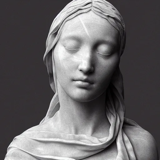 Image similar to “a delicate marble sculpture dramatic portrait of a woman covered with water veil, highly detailed marble cloth, gi, global illumination, physically based rendering, photorealistic, top light, dark background”