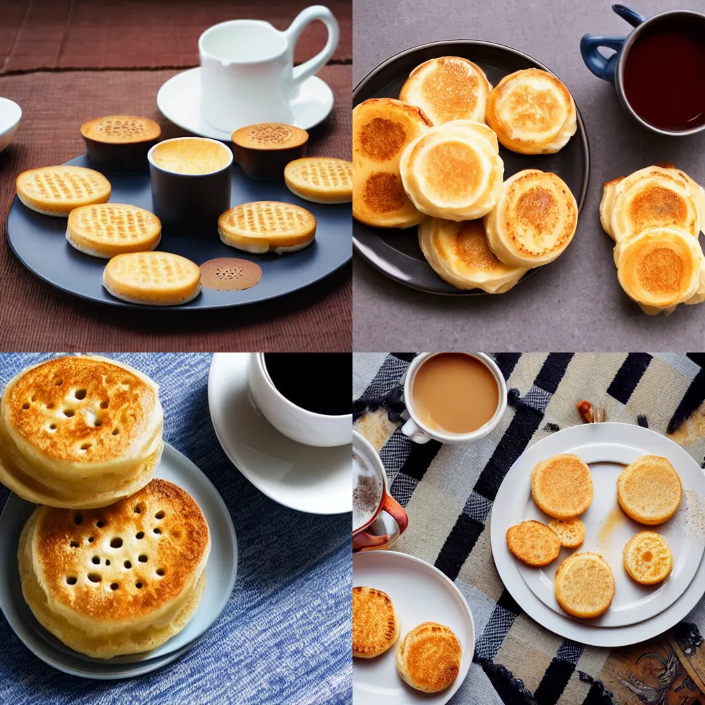 Prompt: stock photograph of crumpets next to a tea set