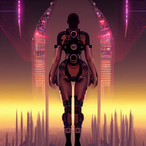 Image similar to A dream beyond horizon. ArtStation, Cyberpunk, Vertical Symmetry, 8K, Highly Detailed, Intricate, Album Art.