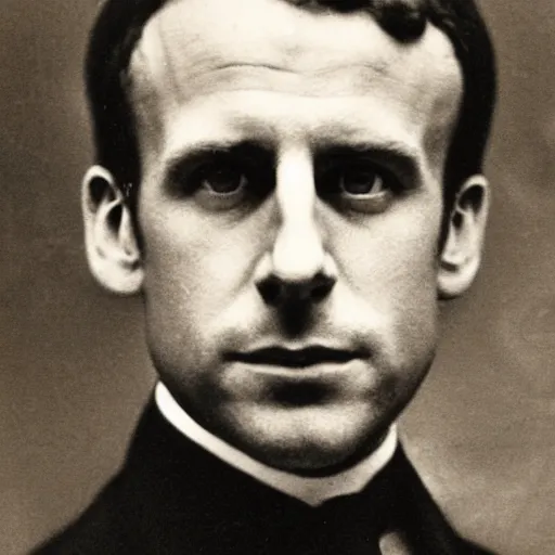 Image similar to photograph of emmanuel macron by edwardian, male, 1 9 0 0 s, 1 9 1 0 s, grainy, slightly blurry, faded, realistic face