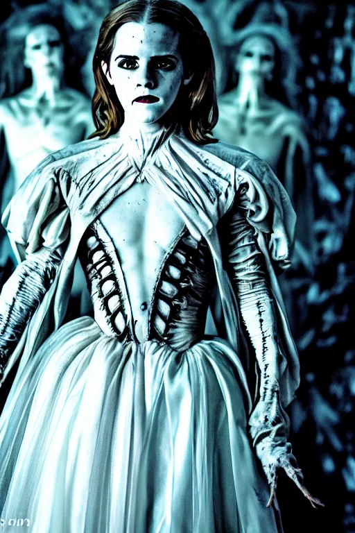 Image similar to dressed emma watson, a sinister demonic queen of cenobites, symmetrical, cinematic, elegant, demonic atmosphere, professional studio light, real dlsr photography, sharp focus, costume made by clive barker, real rotten flesh, blood and bones, 4 k, ultra hd, sense of awe