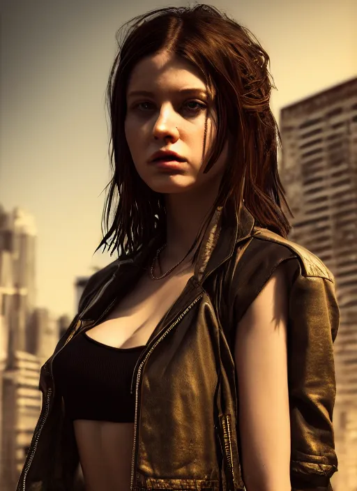 Image similar to 3 / 4 portrait, emma slave, gang clothing, brunette, long hair, fashion, id magazine, hyperrealism, detailed textures, photorealistic, 3 d cyberpunk apocalyptic city, ultra realistic, cinematic, intricate, cinematic light, unreal engine 8 k, octane render, unreal engine, david kostic, artgerm