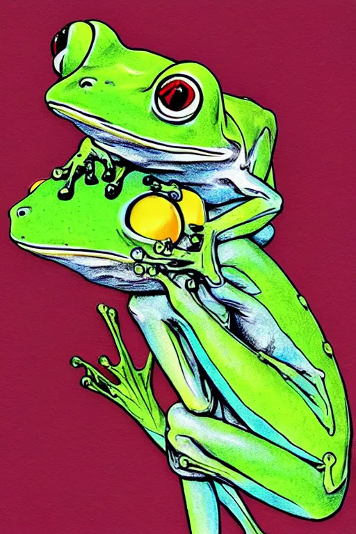 Image similar to frog prince kiss girl, realistic, art by tafy laplanche, colored by zeng fanzhi