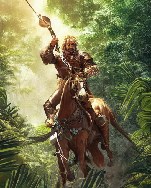 Image similar to ultrareallistic illustration of a spanish conquistador riding a horse in a dense jungle, art by clay mann and takeshi obata, studio ghibli color cheme, portrait, tarot card, sharp focus, unreal engine, detailed, realistic, face