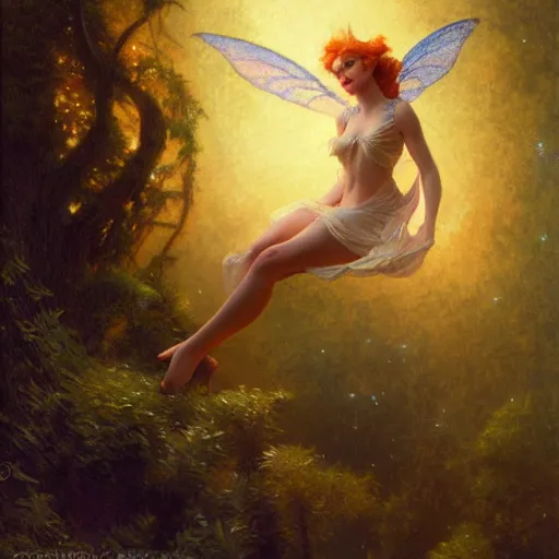 Image similar to attractive fairy magically floating high in the night, fantasy, full moon in background. highly detailed painting by gaston bussiere, craig mullins, j. c. leyendecker, mid shot, 8 k realistic, cryengine, frostbite 3 engine, sharp focus