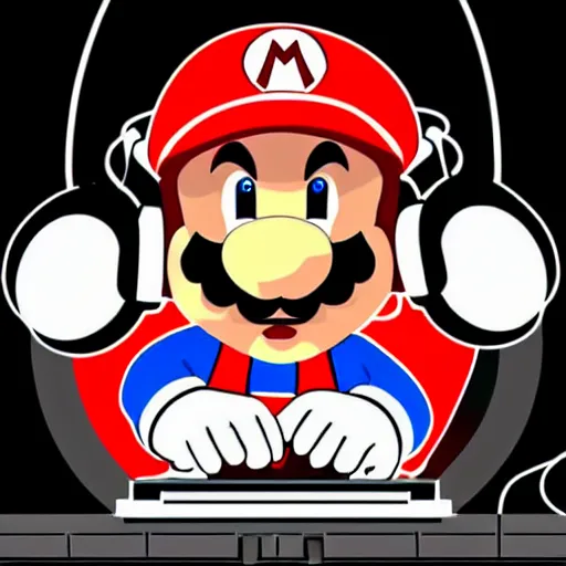 Image similar to svg sticker of a Pop-Wonder SuperMario, Mario-Wearing-a-red-hat, at a rave, spinning records, giant headphones rocking out, wearing headphones, huge speakers, dancing, rave, DJ, spinning records, digital art, amazing composition, rule-of-thirds, award-winning, trending on artstation, featured on deviantart