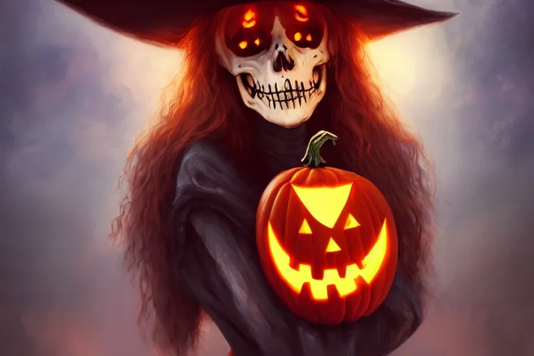 Prompt: portrait of a skeleton with a witch hat holding a jack - o - lantern, halloween night, charlie bowater, artgerm, ilya kuvshinov, krenz cushart, ruan jia, realism, ultra detailed, 8 k resolution