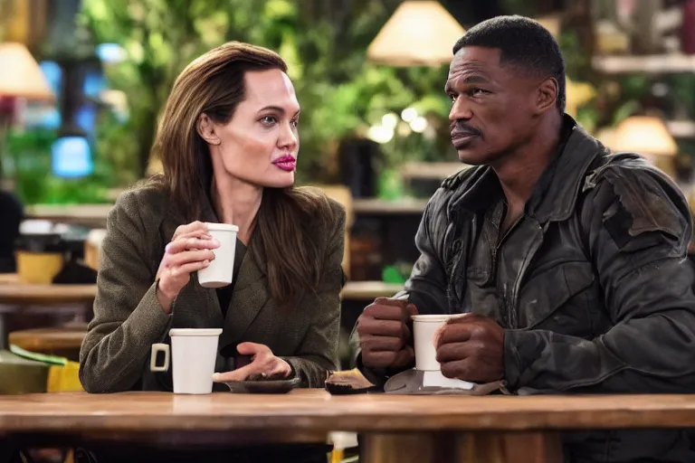 Prompt: The Predator (2018), Angelina Jolie, best friends, drinking coffee at central perk, still photo, hyperrealistic, 35mm, 8k, by weta digital