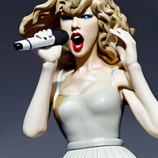 Image similar to a porcelain figurine of taylor swift singing, product shot