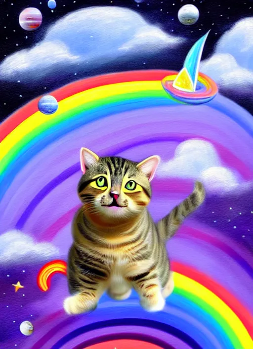 Prompt: a cute chubby tabby cat surfing on a rainbow in outer space, diffuse lighting, detailed face, fantasy, intricate, surrealism!!!!, highly detailed, lifelike, photorealistic, digital painting, artstation, illustration, concept art, smooth, sharp focus,