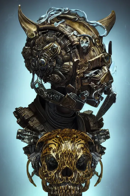 Prompt: realistic render portrait of a jade tiger skull with a unique armor, intricate, dystopian toy, sci-fi, extremely detailed, digital painting, sculpted in zbrush, artstation, concept art, smooth, sharp focus, illustration, chiaroscuro lighting, golden ratio, incredible art by artgerm and greg rutkowski and alphonse mucha and simon stalenhag