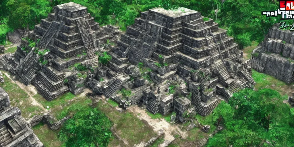 Prompt: mayan city of tikal if it was a game like grand theft auto v first person view, with realistic visuals and award winning gameplay, graffiti