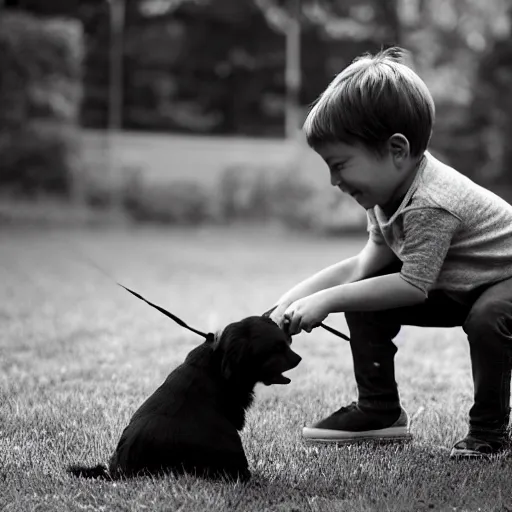 Image similar to a short young man named hunter playing with his black and white dog