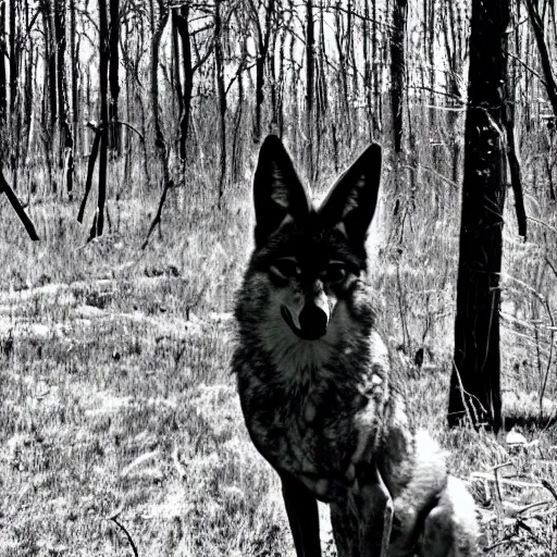 Image similar to black and white trailcam footage of native weird distorted human body Skinwalker transforming into a coyote