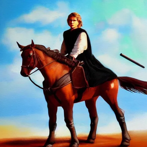 Image similar to anakin skywalker riding a pony, cinematic painting