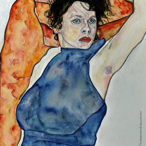 Image similar to wide angle full body portrait of ripley slipping out of her jumpsuit, watercolor, masterpiece, by Egon Schiele