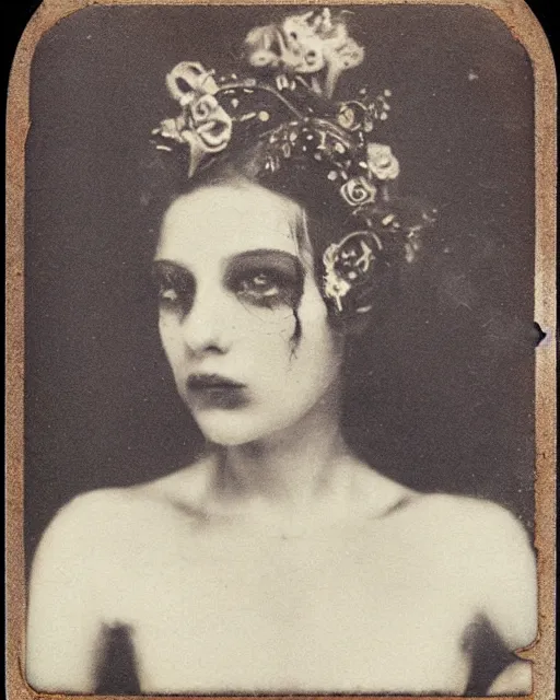 Prompt: a beautiful detailed front view portrait of a dead rotten princess with cyberpunk ornate growing around, ornamentation, elegant, beautifully soft and dramatic lit, 1 9 1 0 polaroid photo