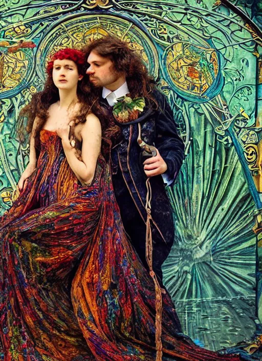 Image similar to detailed colourful masterpiece of intricate art nouveau preraphaelite photography by anne leibovitz couple portrait sat down extreme closeup, love, inside an underwater train, detailed realistic expressions, wearing unusual clothes, ultra wide angle