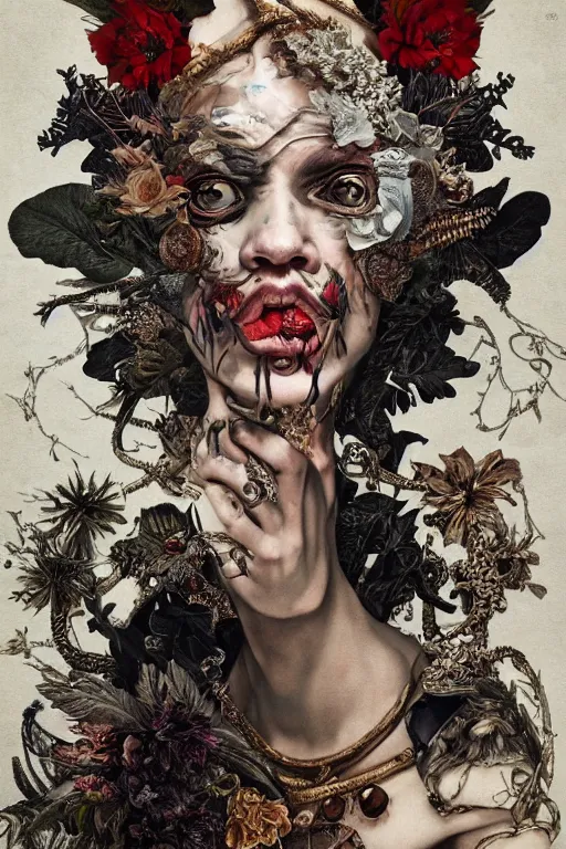Image similar to Detailed maximalist portrait with large lips and wide white eyes, angry expression, HD mixed media collage, highly detailed and intricate, surreal, illustration in the style of Caravaggio and James Jean, dark art, baroque