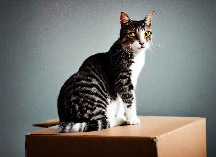 Image similar to photography of a Cat sitting on a box. in a room full of posters, photorealistic, raining award winning photo, 100mm, sharp, high res