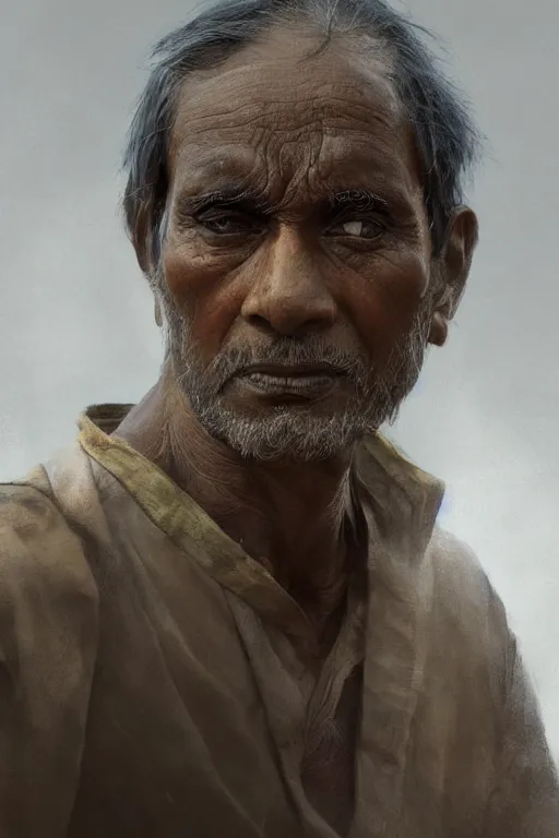 Image similar to hindu citizen, close - up portrait, poor, intricate, elegant, volumetric lighting, scenery, digital painting, highly detailed, artstation, sharp focus, illustration, concept art, ruan jia, steve mccurry