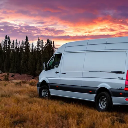 Image similar to a sprinter van in central oregon at sunset