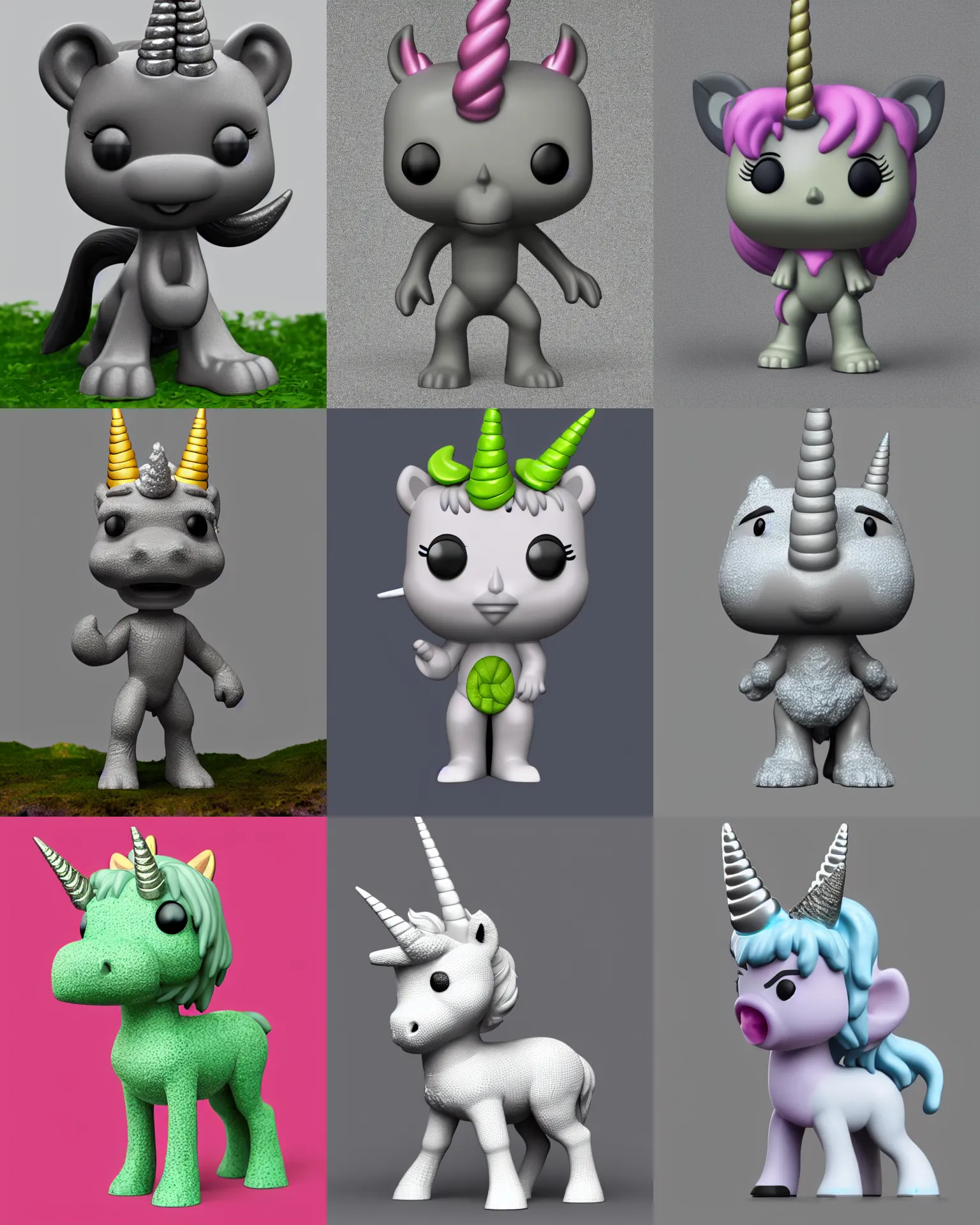 Prompt: full body 3 d render of mossy unicorn as a funko pop!, studio lighting, grey background, single body, single horn, no shadow, blender, trending on artstation, 8 k, highly detailed