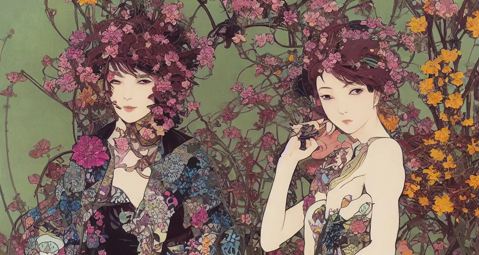 Image similar to oil painting, long shot, beautiful floralpunk japanese bio mechanical female walking illustration detailed patterns art of japan traditional dress, flower pop art, floral splash painting, art by ashley wood, alphonse mucha, makoto shinkai, geof darrow, dark shadow