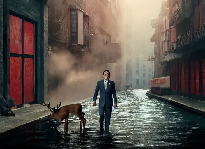 Image similar to a very high resolution image from a new movie, two deer in suits, in a narrow chinese alley, surrounded by water vapor, beatiful backgrounds, dramatic lighting, directed by wes anderson