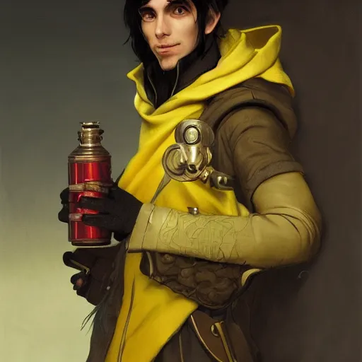 Image similar to portrait of a male elf alchemist with black hair wearing a yellow coat holding a flask, fantasy, highly detailed, digital painting, artstation, concept art, character art, art by greg rutkowski and tyler jacobson and alphonse mucha