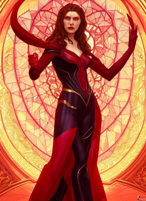 Prompt: Scarlet Witch as Lucifer morningstar, portrait, full body, hyper realistic, trending on artstation, art by ArtGerm and Alphonse Mucha and J. C. Leyendecker and Edmund Bliar Leighton and Charlie Bowater, unreal engine render, octane render