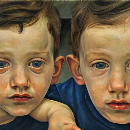 Prompt: high quality high detail painting by lucian freud, hd, portrait of twins, photorealistic lighting