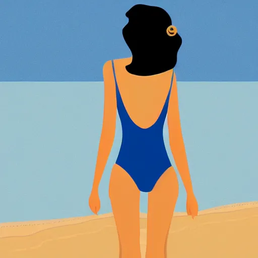 Prompt: a beautiful flat illustration of a woman on the beach in swimsuit by hed kandi, adobe illustrator