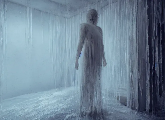 Image similar to rgb, a frozen woman, bedroom full of ice, sadness, cinematic, movie scene, inspired by zdzislaw beksinski, clothes made out of veins,, cables everywhere, bedroom, ultra realistic, concept art, intricate details, highly detailed, photorealistic, octane render, 8 k