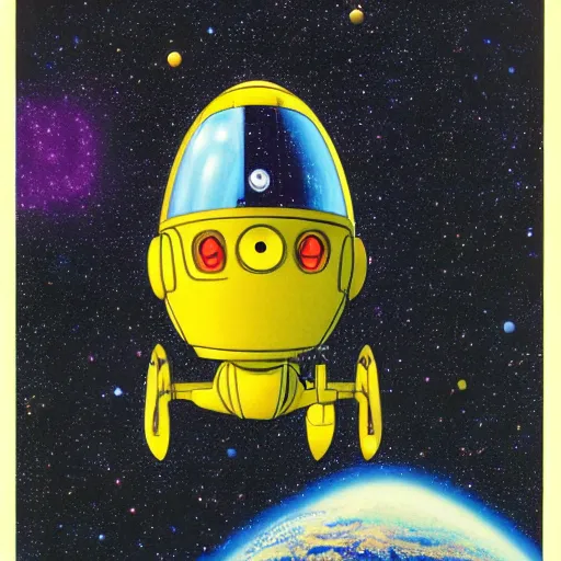 Image similar to little yellow spaceship with robot arm, in outer space, Ron cobb, Yoshitaka Amano, 1980s, science fiction