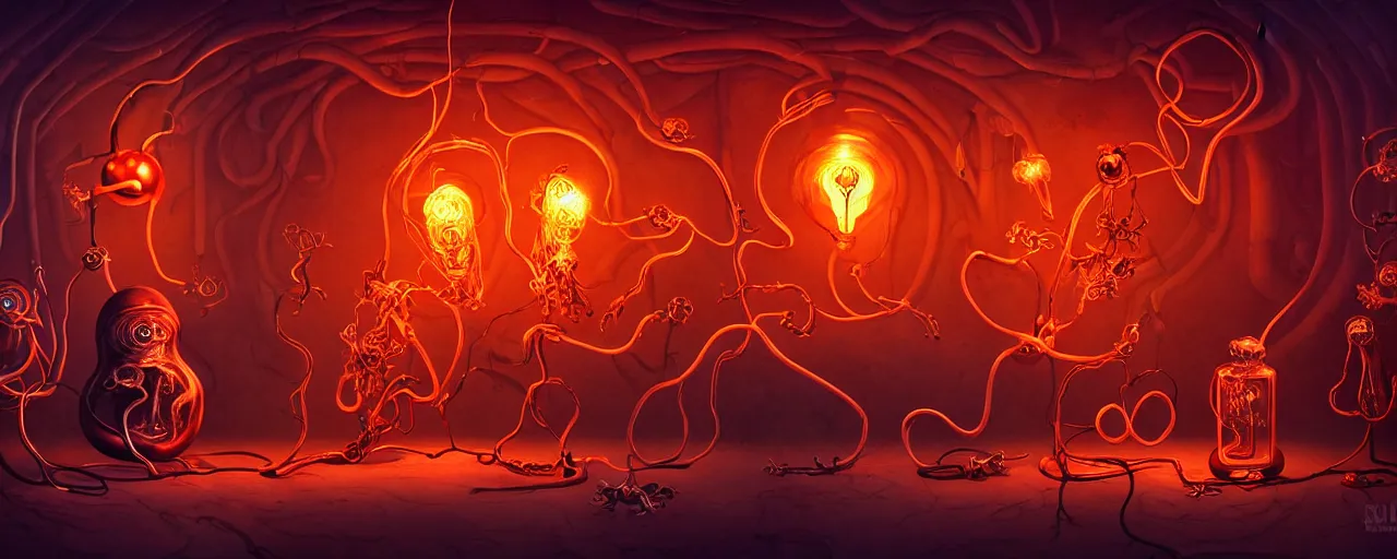 Image similar to whimsical weird chthonic alchemist creatures inside a visceral arterial alchemical lab within the left ventricle of a human heart, dramatic lighting fiery red lighting, surreal fleischer cartoon characters, surreal painting by ronny khalil