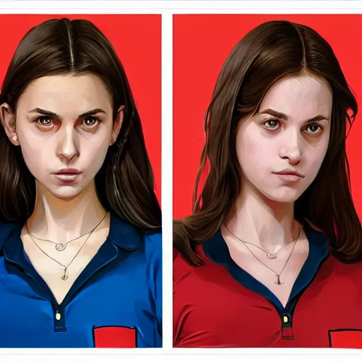 Prompt: portrait of a brunette thin teenager girl with blue eyes wearing school uniform in gta 5, light stubble with red shirt, inside modern school ,digital art,photorealistoc,art by greg rutkowski,hyperdetailed,western comic style,comic,comic style,sharp lineart,professional lighting,deviantart,artstation,trevor henderson,rossdtaws,cinematic,dramatic