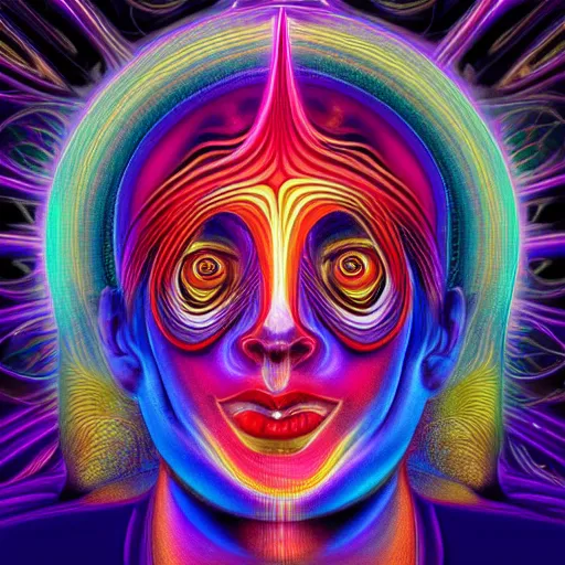 Prompt: human trancending into collaborative intelligence in the style of alex grey, album cover, award winning, beautiful, colorful, volumetric lighting, trending on artstation