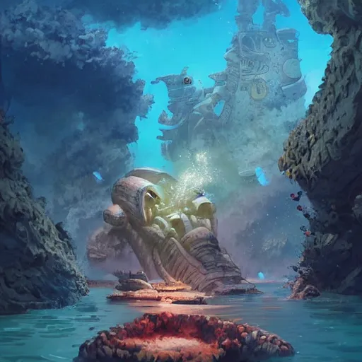 Prompt: Astronauts and some mythical animals are under the sea, they are swimming away from the giant kraken, the kraken is behind chasing them, this is an extravagant planet with wacky wildlife, the background is full of ancient ruins, by Jordan Grimmer digital art, trending on Artstation,