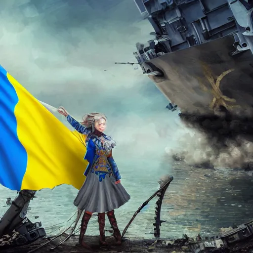 Image similar to ukrainian girls with ukrainian flag near big ruined warship, happy, concept art, trending on artstation, highly detailed, intricate, sharp focus, digital art, 8 k