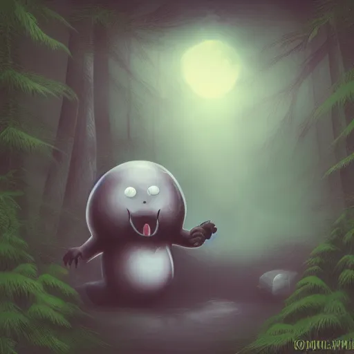 Image similar to Cuddly slime creature wandering a dark deep forest, Airbrush Style, Foggy, Moody, Horror