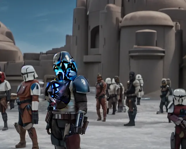 Prompt: still image screenshot new episode of the mandalorian disney + hundreds of mandalorian soldiers in front of a opulent strange building, moody beautiful planet of mandalore, anamorphic lens, 3 5 mm