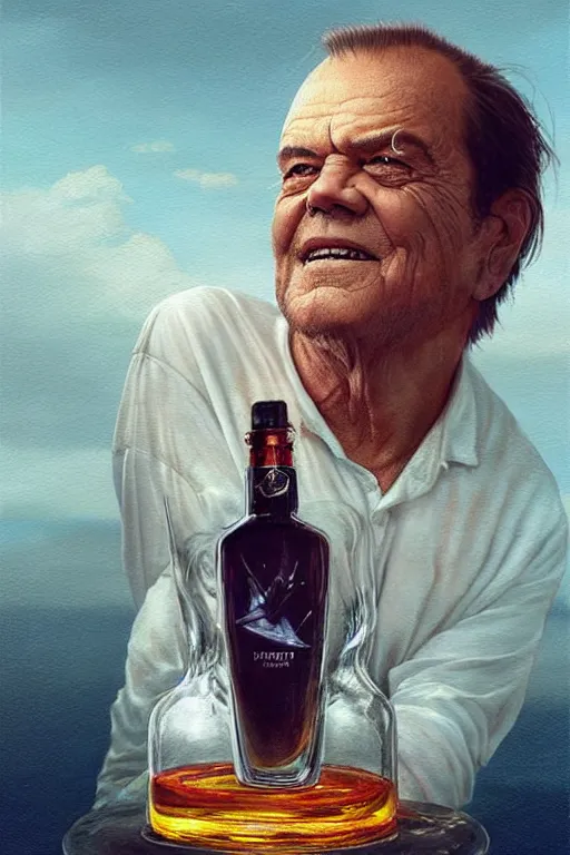 Image similar to a ship in a bottle but instead of a ship it is jack nicholson in the bottle, masterpiece painting by artgerm, greg rutkowski, tom bagshaw