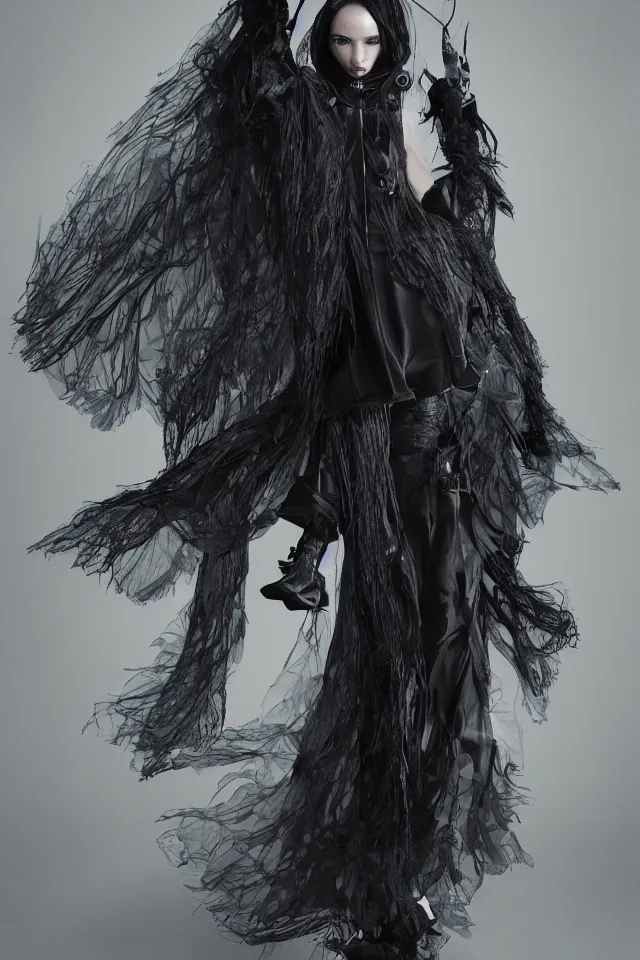 Image similar to realistic render, digital fashion, beautiful witch-woman in tactical poncho designed by alexander mcqueen and acronym, rim light, high key, ultra detailed, hyperdetailed, dark backdrop
